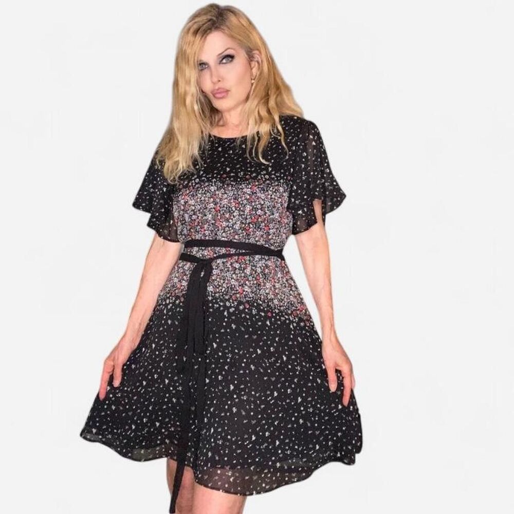 Basement Black Starry Night Chiffon Mini Dress Flutter Sleeves Belted Waist S